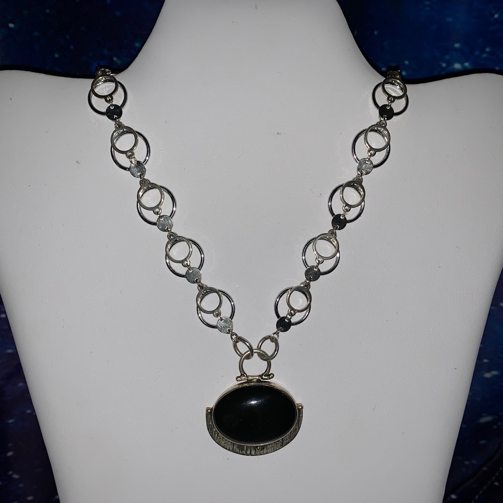 Authentic Onyx in 925 Silver Setting Weaved w Handmade Silver Disc & Loo…